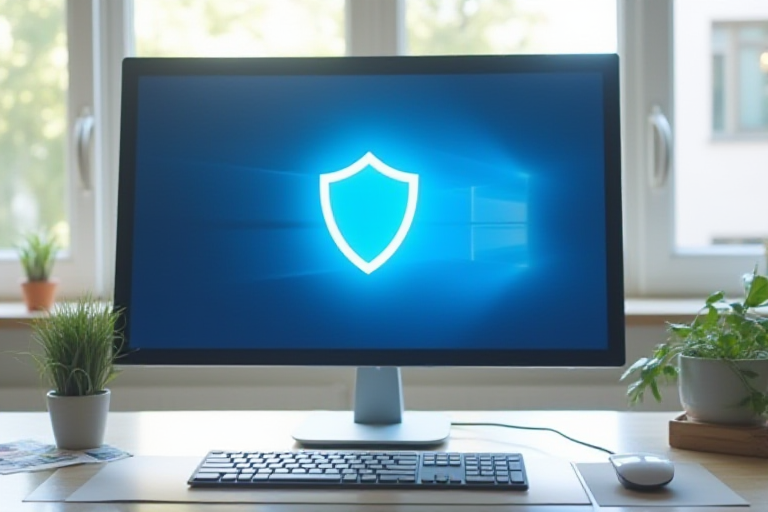 밝은 책상 위 Windows PC와 보안 방패 이미지