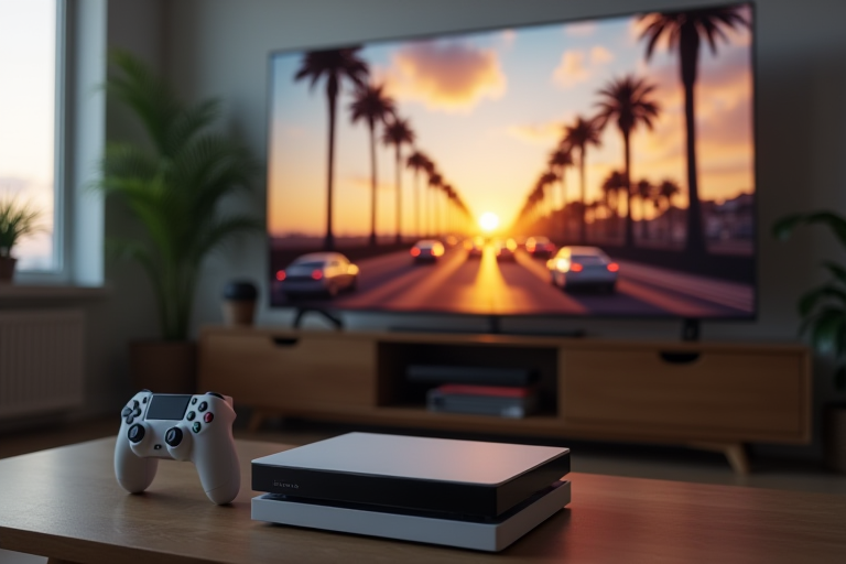 GTA 6 30fps 논란을 보여 주는 콘솔 게임 화면과 컨트롤러
