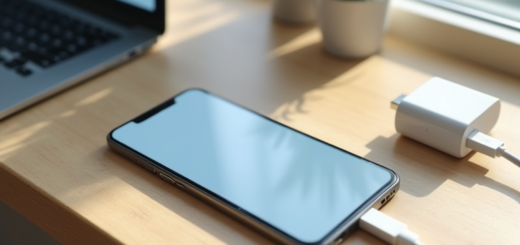 스마트폰에 USB-C 케이블을 연결하고 옆에 충전기를 둔 모습