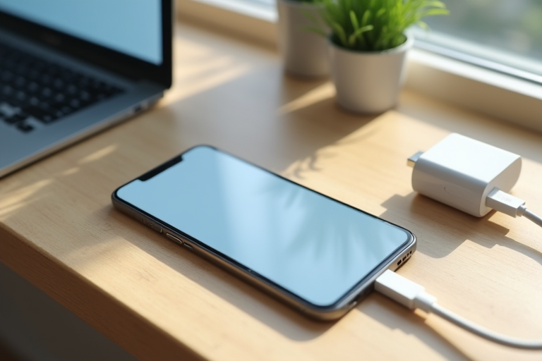 스마트폰에 USB-C 케이블을 연결하고 옆에 충전기를 둔 모습