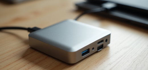 외장 SSD와 USB-C 케이블, 소형 데스크톱 컴퓨터가 나무 테이블 위에 놓인 모습