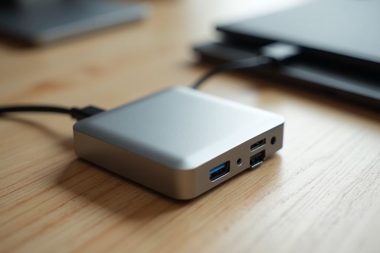 외장 SSD와 USB-C 케이블, 소형 데스크톱 컴퓨터가 나무 테이블 위에 놓인 모습