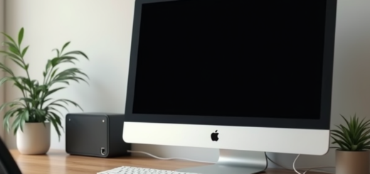 외장 모니터와 USB-C 케이블, 소형 데스크톱 컴퓨터가 나무 책상 위에 놓인 모습