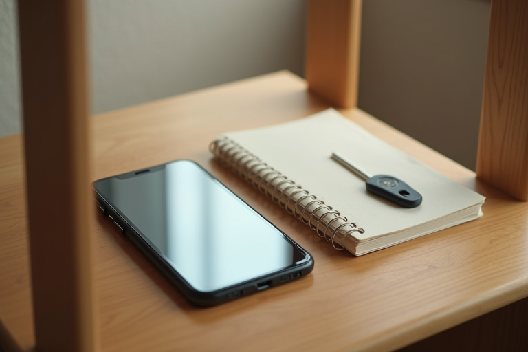 화면을 끈 스마트폰과 작은 메모, USB 보안 키가 놓인 생활 책상