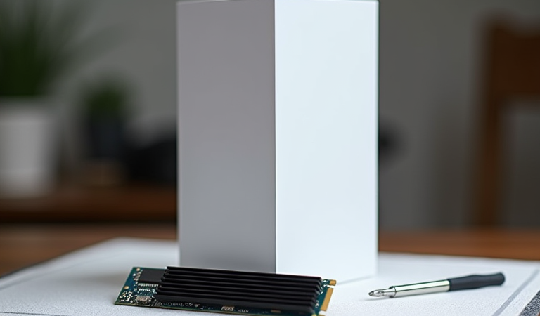 게임 콘솔 옆에 방열판이 붙은 M.2 NVMe SSD와 십자드라이버가 놓인 모습