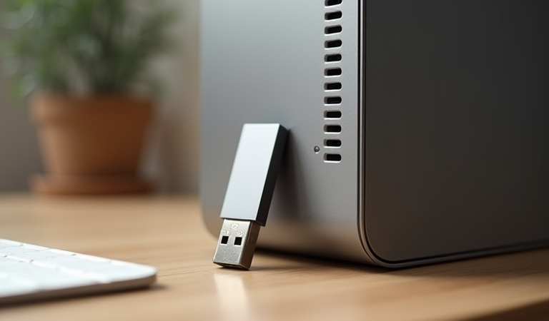 Windows 11 설치 USB를 준비하는 데스크톱 컴퓨터와 USB 플래시 드라이브