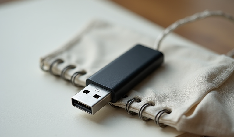 빈 파우치와 노트 옆에 놓인 검은색 USB 보안 키, API 키 보관을 설명하는 대표 이미지