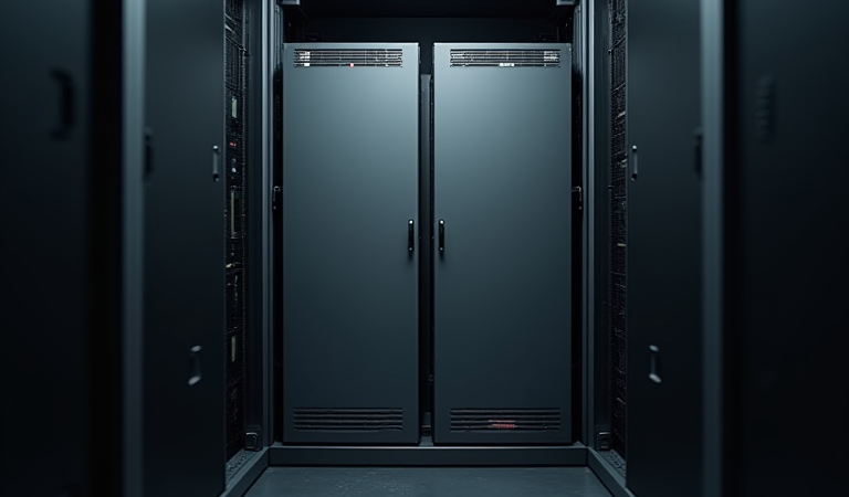 어두운 서버 랙 안에 놓인 두 대의 무브랜드 서버 장비를 표현한 Kubernetes rootless 모드 대표 이미지