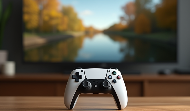 강과 나무가 보이는 게임 화면 앞에 놓인 무브랜드 게임 컨트롤러를 표현한 PlayStation Photo Mode 대표 이미지