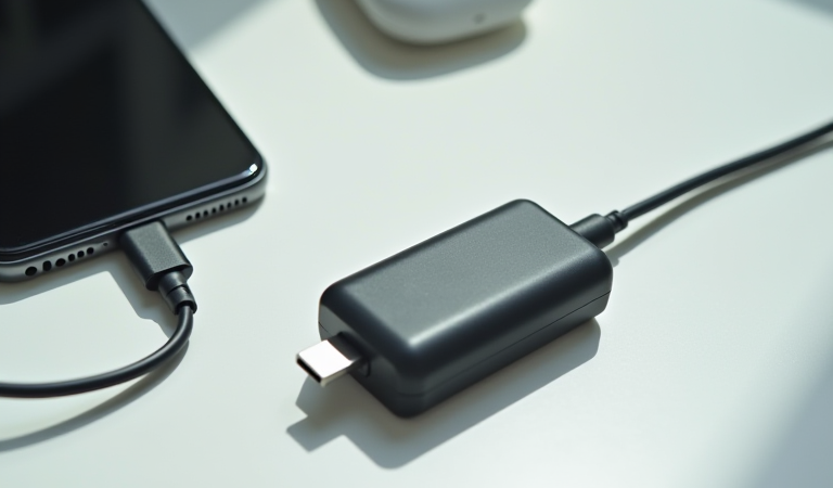 USB-C 충전기와 케이블, 스마트폰, 전력 측정기가 놓인 밝은 책상 위 충전 점검 대표 이미지