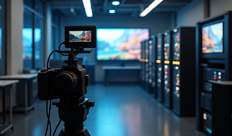 방송 카메라와 GPU 영상 처리 서버 랙을 함께 보여주는 실시간 미디어 AI 사진풍 이미지