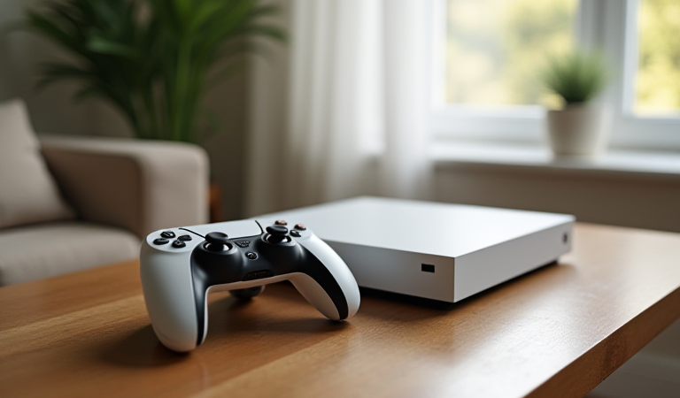 게임 컨트롤러와 콘솔을 밝은 거실 테이블에 놓은 PlayStation Plus 관련 사진풍 이미지