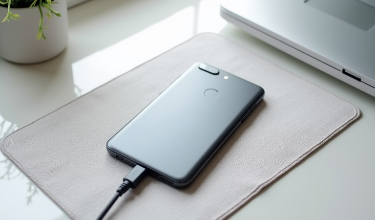 자연광이 비치는 책상 위의 무브랜드 안드로이드 스마트폰과 USB 케이블, 옆에 놓인 소형 데스크톱 컴퓨터