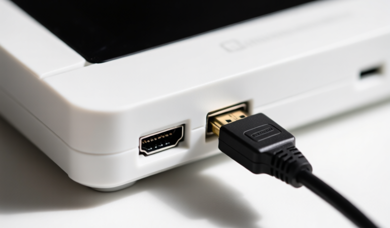 PS5 콘솔과 HDMI 2.1 케이블, 4K 게임 디스플레이가 놓인 밝은 거실의 현실적인 사진풍 장면