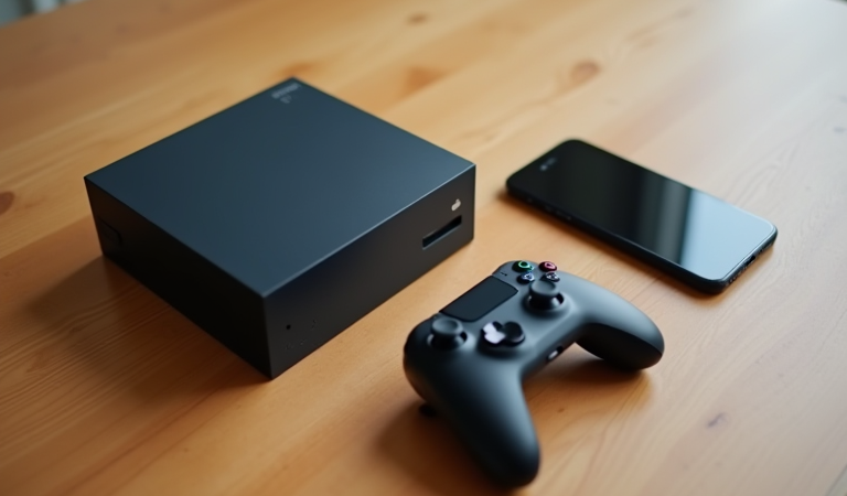 Xbox Remote Play를 상징하는 로고 없는 게임 콘솔과 스마트폰 화면