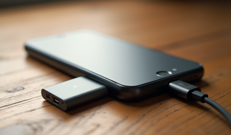 USB-C 포트가 있는 무브랜드 스마트폰과 외장 SSD가 하나의 케이블로 연결된 작업대