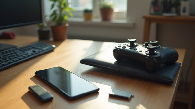 게임 컨트롤러와 스마트폰, USB 저장장치가 놓인 GTA 6 유출 조사 분위기의 책상
