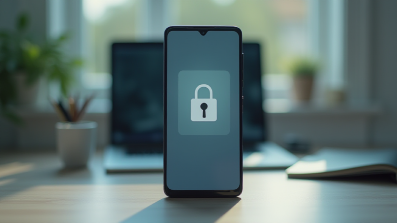 잠금 아이콘이 표시된 스마트폰으로 Android Private Space와 개인정보 보호를 표현한 생성형 사진