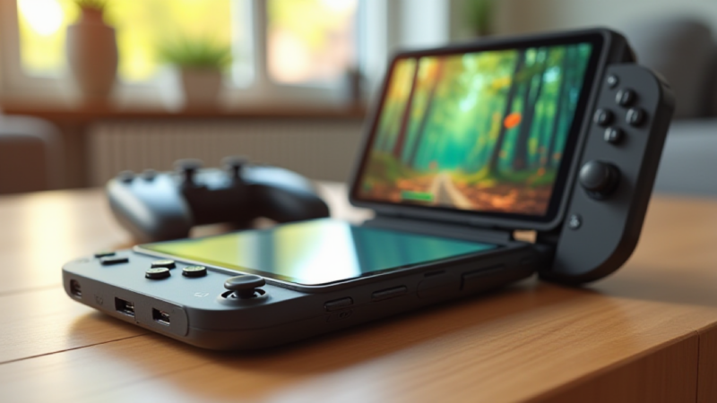 휴대용 게임 콘솔과 컨트롤러, 헤드셋으로 Nintendo Switch 2 GameChat을 표현한 생성형 사진