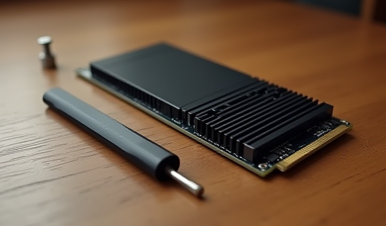 PS5 옆에 놓인 M.2 SSD와 방열판, 드라이버가 있는 설치 작업 공간