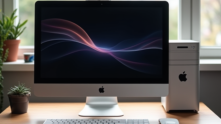 Apple 로고가 있는 iMac과 키보드가 놓인 밝은 책상