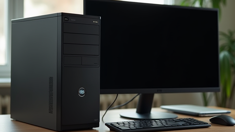 Windows PC와 꺼진 모니터가 놓인 밝은 책상