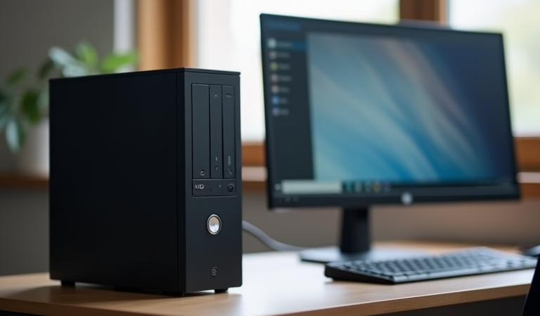 Windows 설정을 관리하는 데스크톱 컴퓨터와 모니터가 놓인 책상