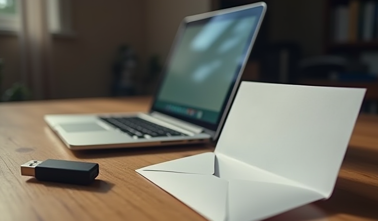 화면이 꺼진 노트북과 USB 저장 장치, 개인 데이터 내보내기와 보관을 연상시키는 책상 장면