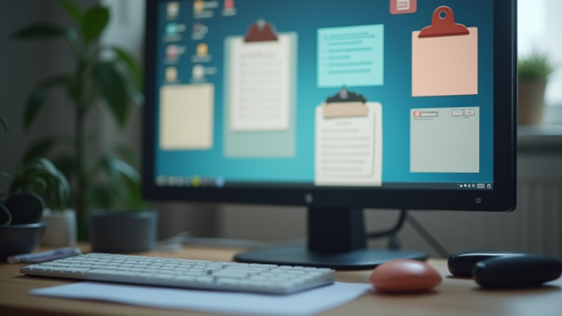 Windows 11 클립보드 기록을 상징하는 키보드와 여러 복사 항목이 놓인 책상 사진풍 이미지