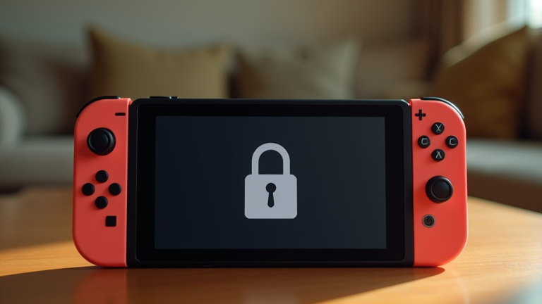 Nintendo Switch 2 자녀 보호 설정을 상징하는 잠금 화면의 현실적인 휴대용 게임 콘솔 장면