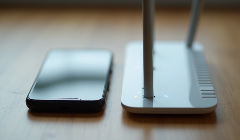 아이폰과 Wi-Fi 공유기 사이에서 셀룰러 데이터 사용량을 점검하는 현실적인 장면