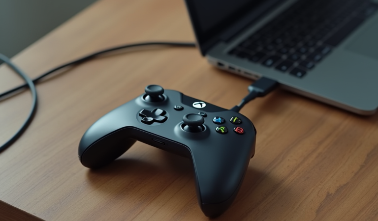 사람 없는 책상 위에 놓인 로고 없는 게임 컨트롤러와 노트북, PC 연결을 상징하는 사진풍 이미지