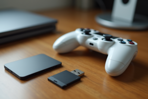 사람 없는 책상 위의 로고 없는 게임 컨트롤러와 USB 저장 장치, PS5 저장 데이터 백업을 상징하는 사진풍 장면