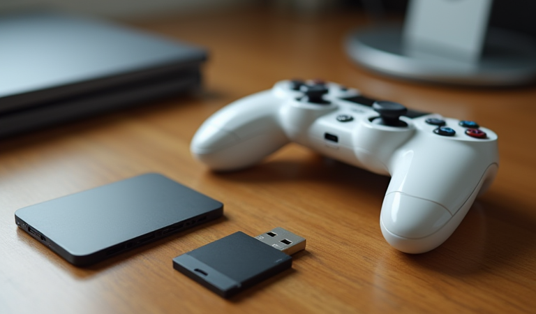 사람 없는 책상 위의 로고 없는 게임 컨트롤러와 USB 저장 장치, PS5 저장 데이터 백업을 상징하는 사진풍 장면