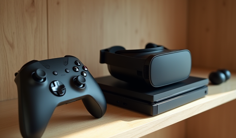 자연광 아래 선반에 놓인 무브랜드 게임 콘솔과 컨트롤러, VR 헤드셋, 무선 이어버드