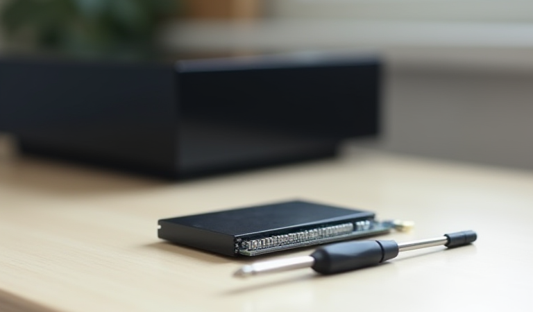 게임 콘솔과 방열판이 덮인 SSD, 드라이버가 놓인 책상