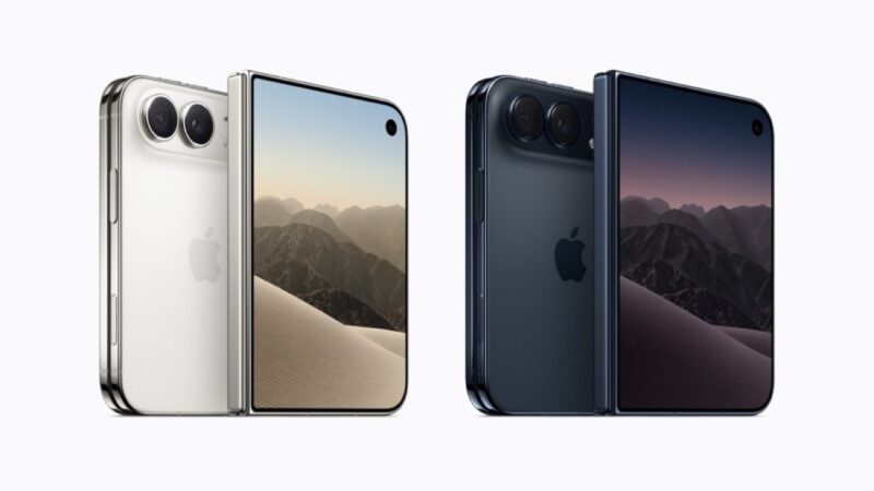 스타 화이트와 나이트 스카이 색상의 iPhone Duo 네 대가 펼쳐지고 접힌 상태로 나란히 놓여 있다.