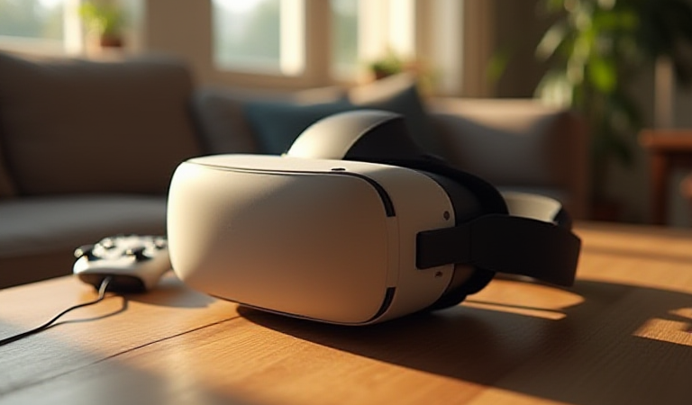 자연광 아래 놓인 VR 헤드셋과 게임 컨트롤러